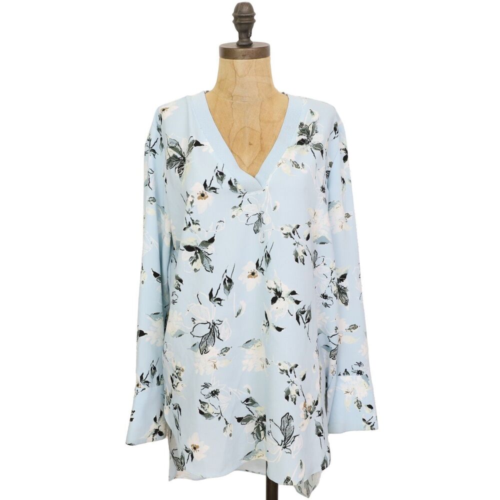 NORDSTROM Floral V-Neck Sleep Shirtdress Hi-Low Size S Light Blue Print NEW B44